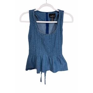 Positive Attitude Denim Peplum Top Womens 10 Sleeveless Tie Waist Boho Festival